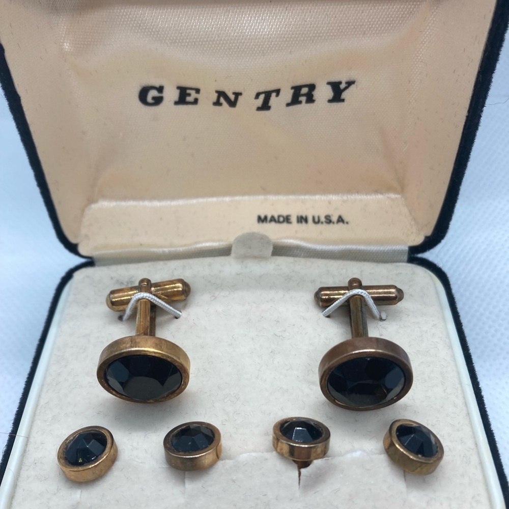 NWT, NIB, NOS Vintage Gentry Black Rhinestone and Gold Toned Cufflink Set